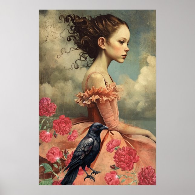 Elegant Victorian Gothic Girl Floral & Raven Poster (Front)