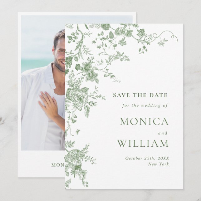 Elegant Victorian Green French Floral Wedding Save The Date (Front/Back)