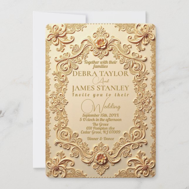 Elegant Victorian Lace | Vintage Gold Wedding Invitation (Front)