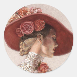 Elegant Victorian Lady Fine Art Vintage Rose Hat Classic Round Sticker