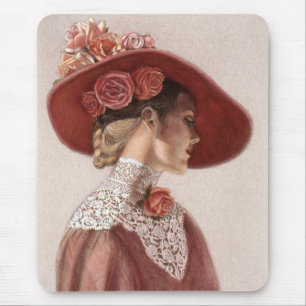 Elegant Victorian Lady Fine Art Vintage Rose Hat Mouse Mat