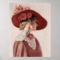 Elegant Victorian Lady, Rose Hat Decor Art Poster