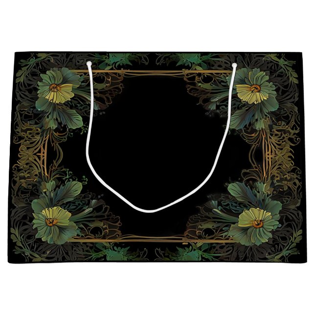 Elegant victorian moody dark green gold botanical  large gift bag (Front)