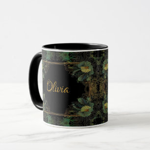Elegant victorian moody dark green gold botanical  mug