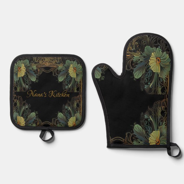 Elegant victorian moody dark green gold botanical  oven mitt & pot holder set (Front)