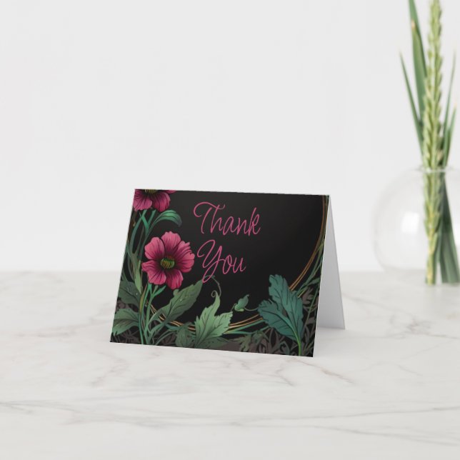 Elegant victorian moody dark green pink floral thank you card (Front)