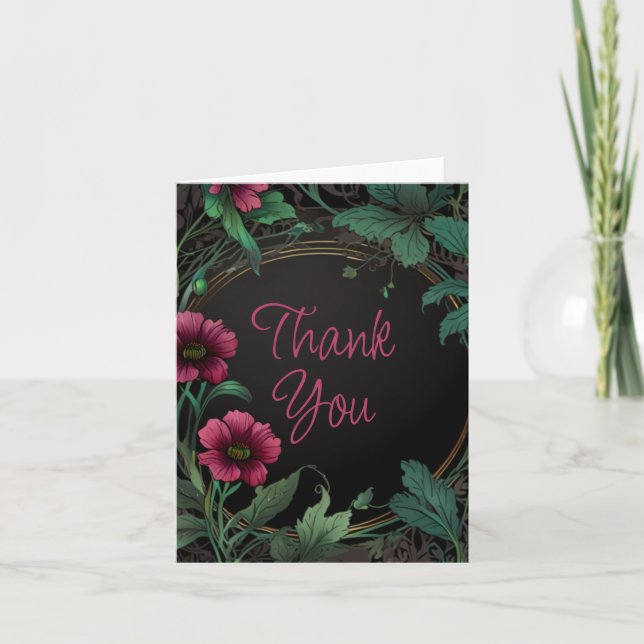 Elegant victorian moody dark green pink floral thank you card (Front)