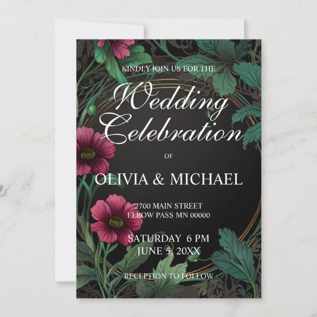 Elegant victorian moody dark pink floral Wedding Invitation (Front)