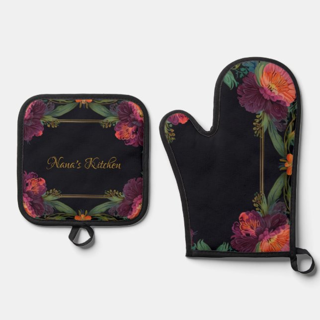 Elegant Victorian moody dark pink magenta floral  Oven Mitt & Pot Holder Set (Front)