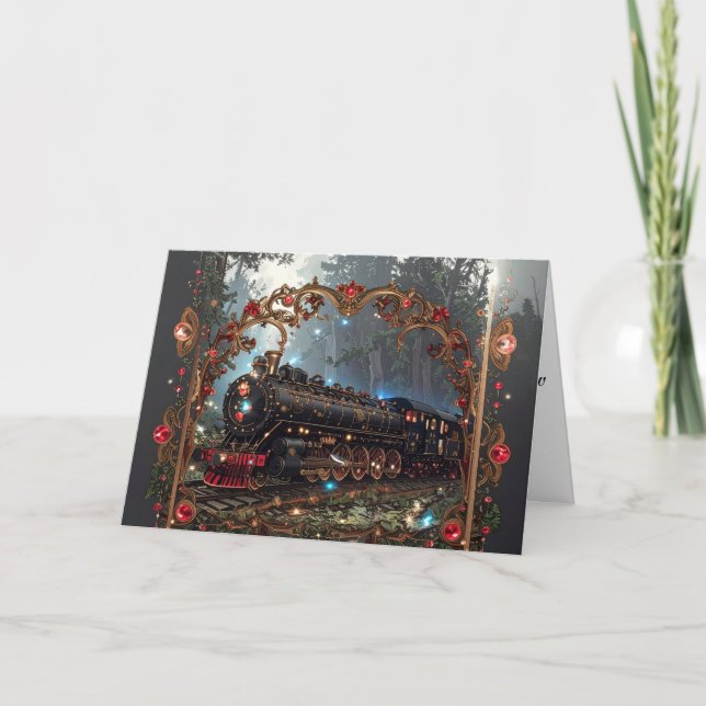 Elegant Victorian Nostalgia Christmas Steam Train Holiday Card (Front)