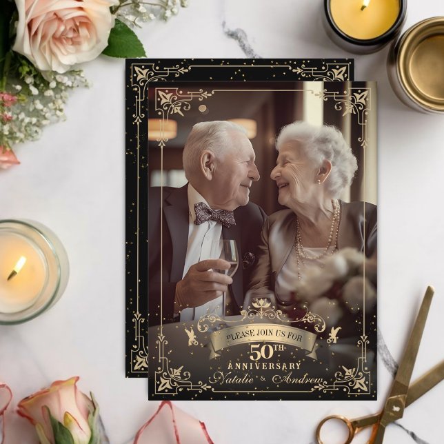 Elegant Victorian Ornament 50th Anniversary Photo Invitation (Creator Uploaded)
