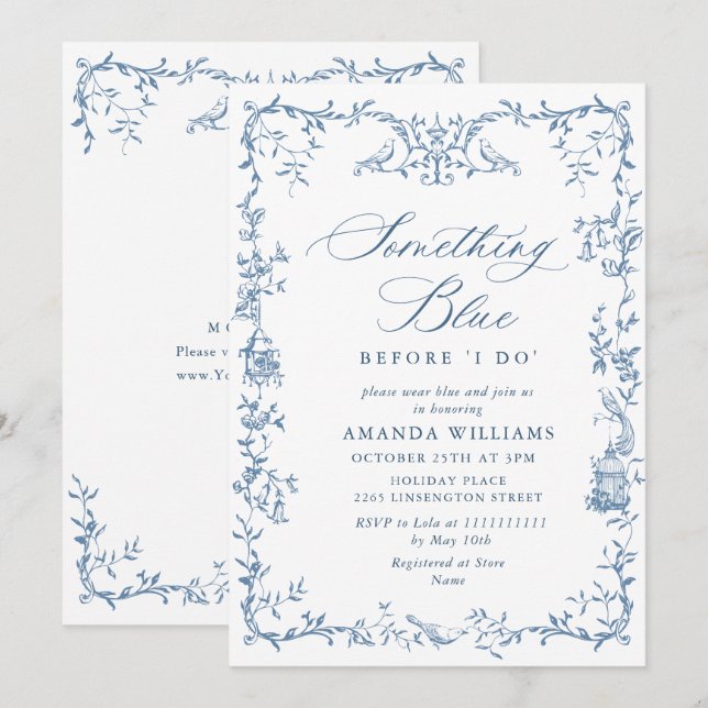Elegant Victorian Ornate Blue Floral Bridal Shower Invitation (Front/Back)