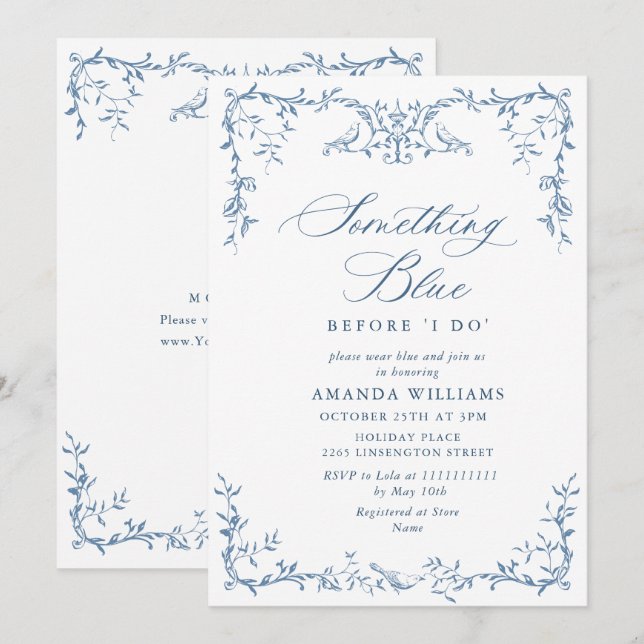 Elegant Victorian Ornate Blue Floral Bridal Shower Invitation (Front/Back)