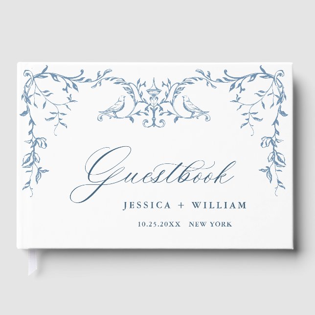 Elegant Victorian Ornate Blue Floral Wedding Guest Book (Front)