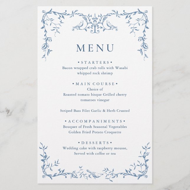 Elegant Victorian Ornate Blue Floral Wedding Menu (Front)