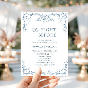 Elegant Victorian Ornate Blue Rehearsal Dinner Invitation