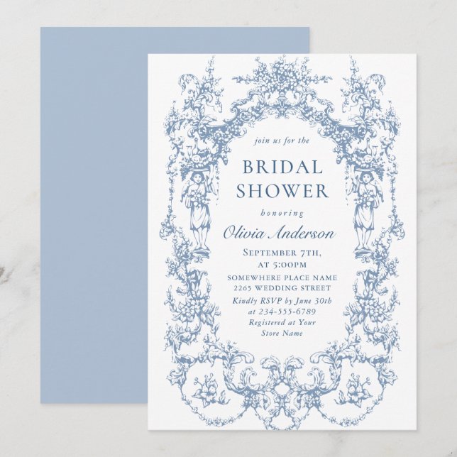 Elegant Victorian Ornate Dusty Blue Bridal Shower Invitation (Front/Back)