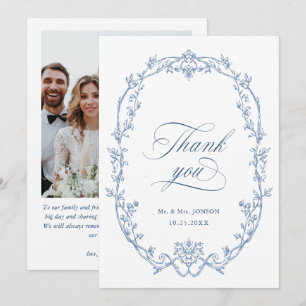 Elegant Victorian Ornate Dusty Blue Wedding Photo Thank You Card