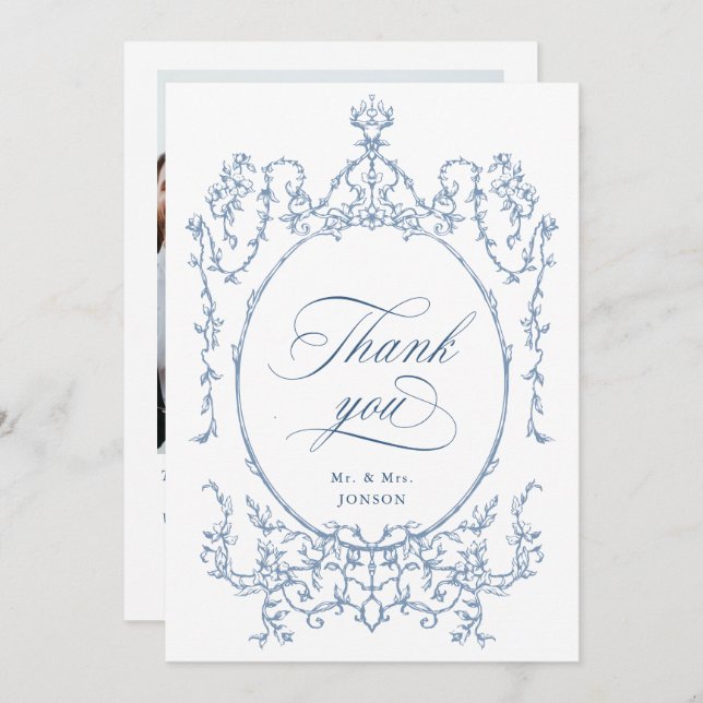 Elegant Victorian Ornate Dusty Blue Wedding Photo Thank You Card (Front/Back)