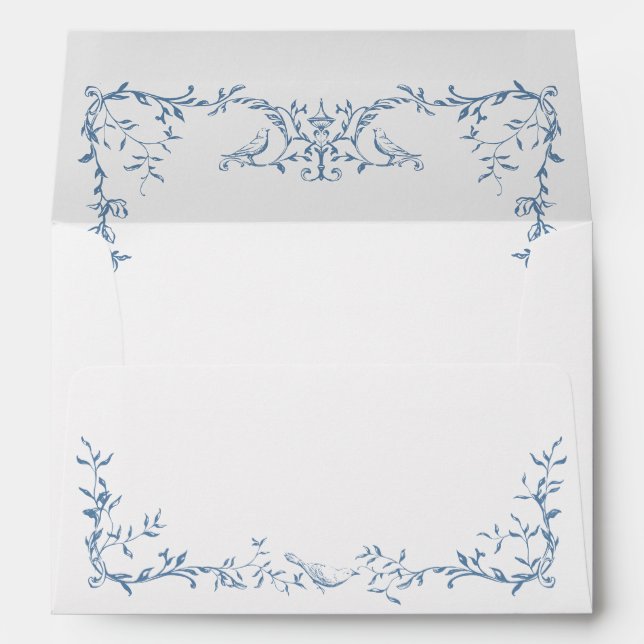 Elegant Victorian Ornate Floral Dusty Blue Wedding Envelope (Back (Bottom))
