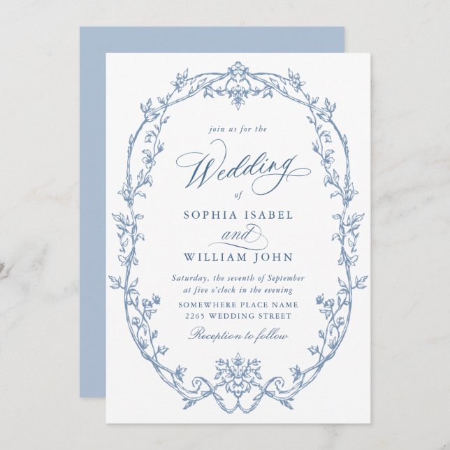 Elegant Victorian Ornate Floral Dusty Blue Wedding Invitation (Front/Back)