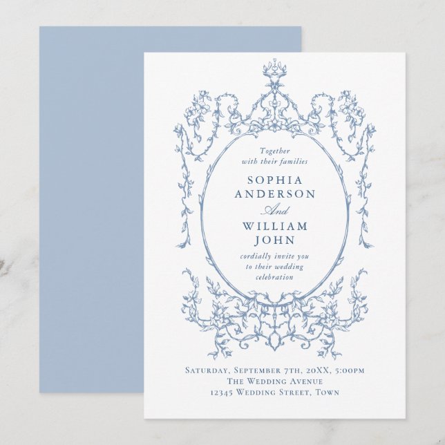 Elegant Victorian Ornate Floral Dusty Blue Wedding Invitation (Front/Back)