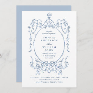 Elegant Victorian Ornate Floral Dusty Blue Wedding Invitation