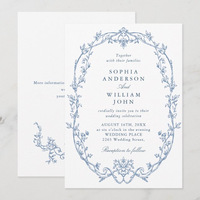 Elegant Victorian Ornate Floral Dusty Blue Wedding Invitation (Front/Back)