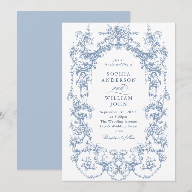 Elegant Victorian Ornate Floral Dusty Blue Wedding Invitation (Front/Back)