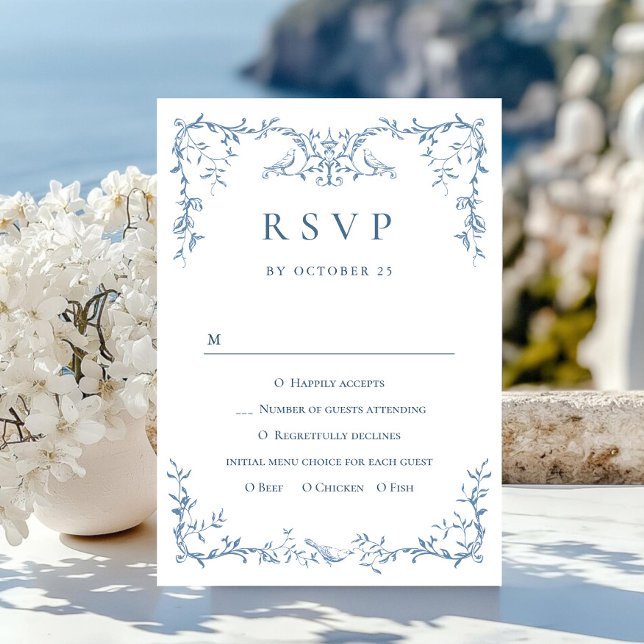 Elegant Victorian Ornate Floral Dusty Blue Wedding RSVP Card (Creator Uploaded)