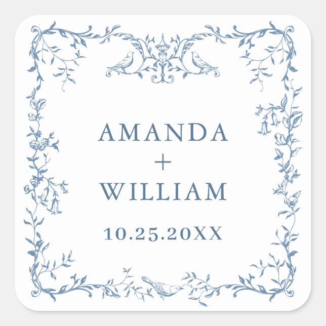 Elegant Victorian Ornate Floral Dusty Blue Wedding Square Sticker (Front)