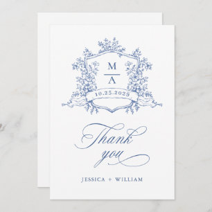 Elegant Victorian Ornate Floral Dusty Blue Wedding Thank You Card