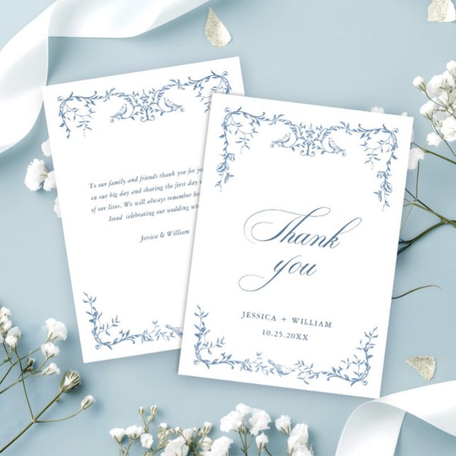Elegant Victorian Ornate Floral Dusty Blue Wedding Thank You Card (Creator Uploaded)