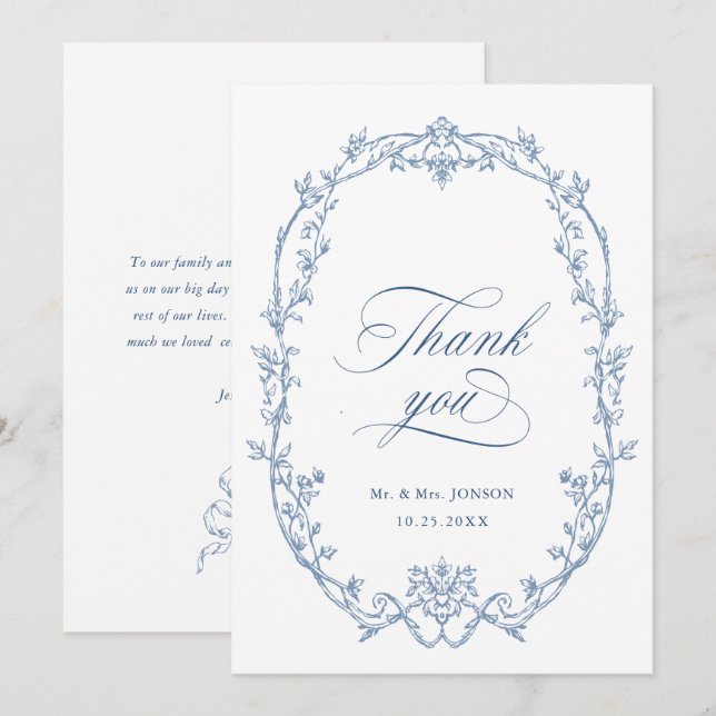 Elegant Victorian Ornate Floral Dusty Blue Wedding Thank You Card (Front/Back)