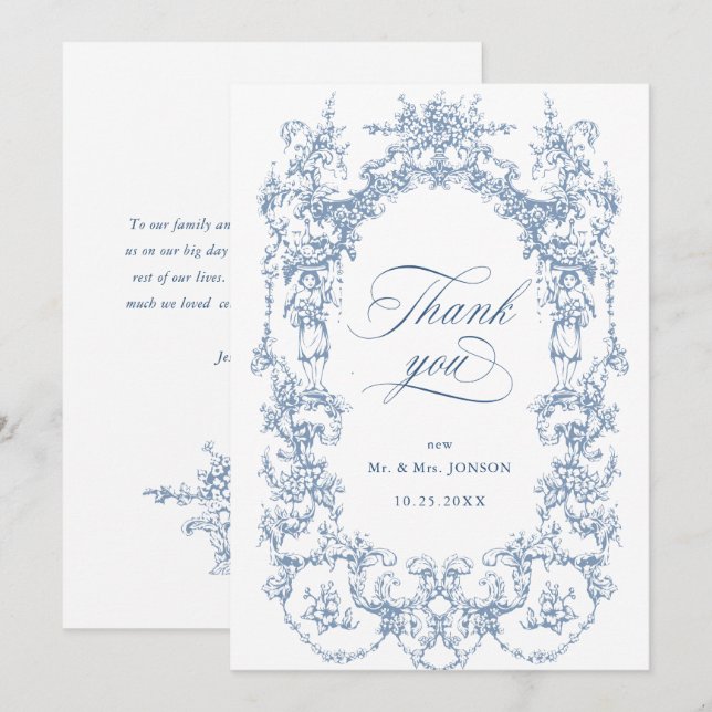 Elegant Victorian Ornate Floral Dusty Blue Wedding Thank You Card (Front/Back)