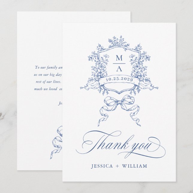 Elegant Victorian Ornate Floral Dusty Blue Wedding Thank You Card (Front/Back)