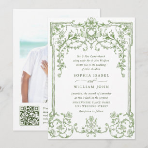 Elegant Victorian Ornate Floral Sage Green Wedding Invitation