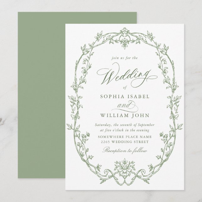 Elegant Victorian Ornate Floral Sage Green Wedding Invitation (Front/Back)