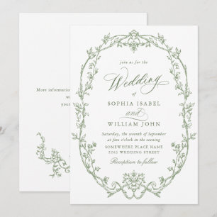 Elegant Victorian Ornate Floral Sage Green Wedding Invitation