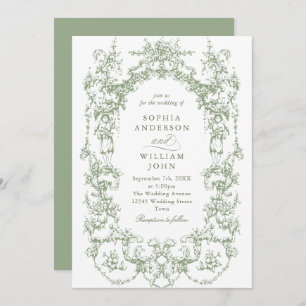Elegant Victorian Ornate Floral Sage Green Wedding Invitation