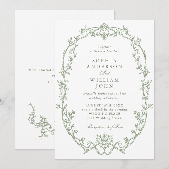 Elegant Victorian Ornate Floral Sage Green Wedding Invitation (Front/Back)