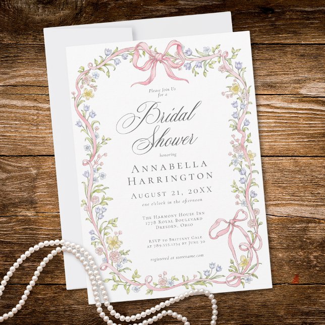 Elegant Victorian Pastel Floral Bow Bridal Shower Invitation (Elegant Victorian Pastel Floral Bow Bridal Shower Invitation)