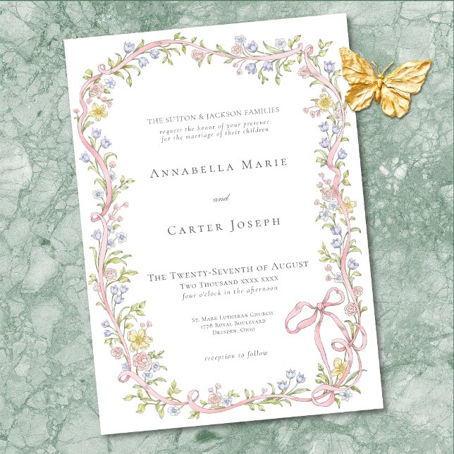 Elegant Victorian Pastel Floral Bow Wedding Invitation (Elegant Victorian Pastel Floral Bow Wedding Invitation)