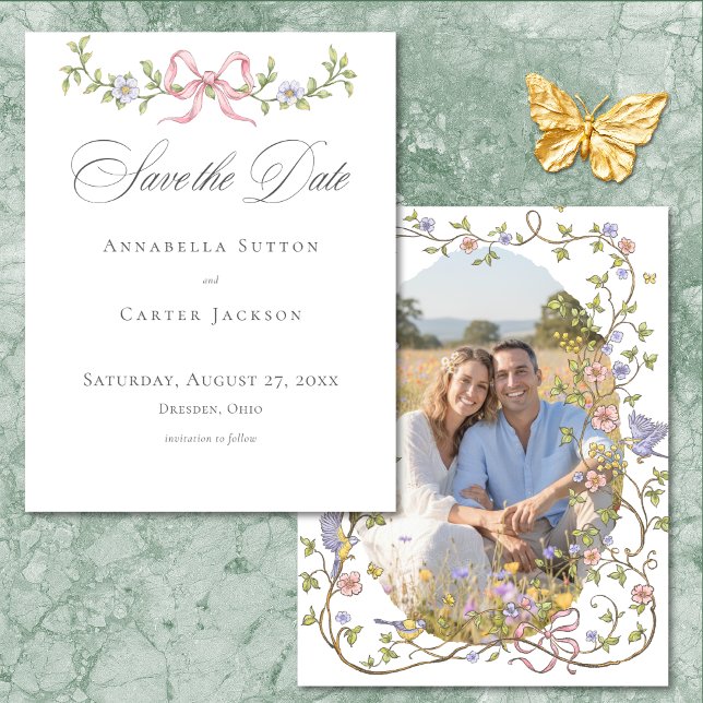 Elegant Victorian Pastel Floral Bow Wedding Photo Save The Date (Elegant Victorian Pastel Floral Bow Wedding Photo Save The Date)