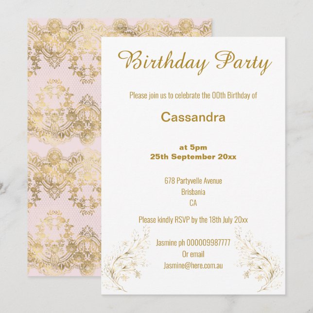 ELEGANT VICTORIAN PINK GOLD AND WHITE INVITATION (Front/Back)