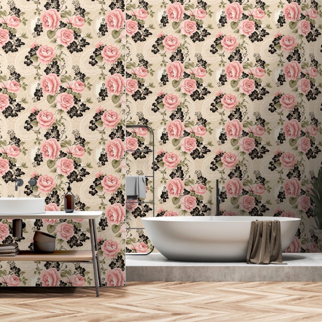 Elegant Victorian Pink Roses Doily Lace Pattern Wallpaper (Bathroom)