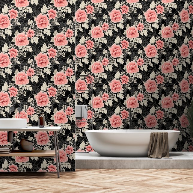 Elegant Victorian Pink Roses Pattern Wallpaper (Bathroom)