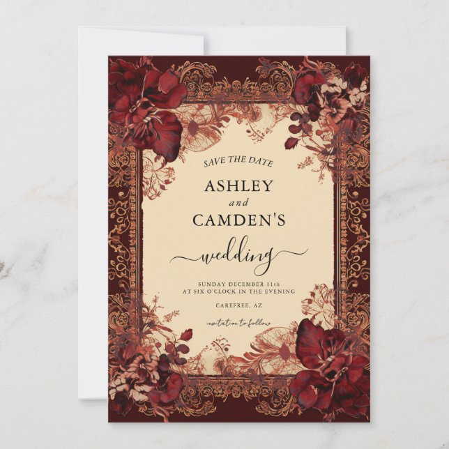 Elegant Victorian Red Gold Wedding Save The Date (Front)