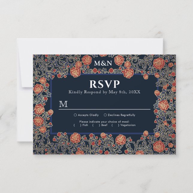 Elegant Victorian Rose Gold Foil Wedding RSVP Card (Front)