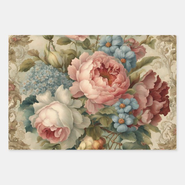 Elegant Victorian Roses, Garden Flowers  Wrapping Paper Sheet (Front)